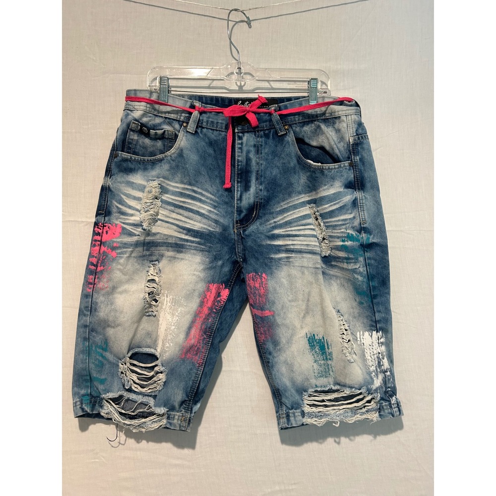 Switch Remarkable Mens 36 Distressed Denim Shorts Blue Paint Splatter Pink Cord